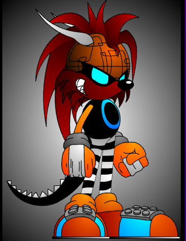 Représentation imageographique de oc sonic rouge orange noire coupe punk et legos sur ses groles